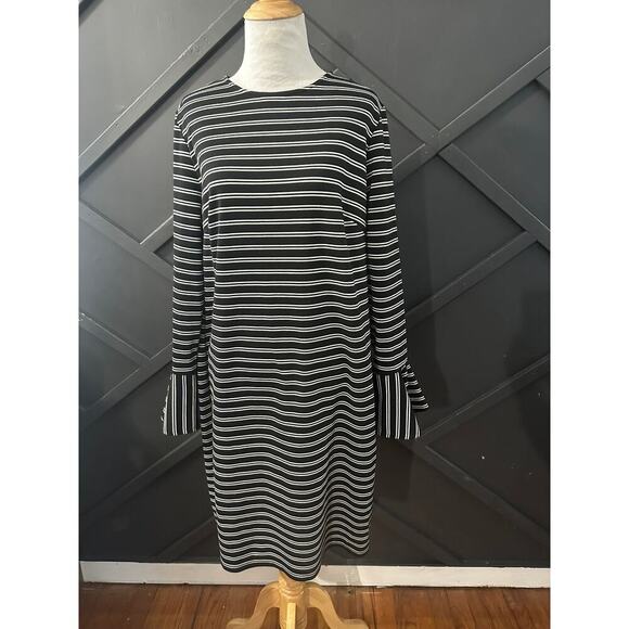 Size 16 Chaps Striped Bell Cuff Ponte Dress Size 12 White Black Straight Sheath - Picture 1 of 6